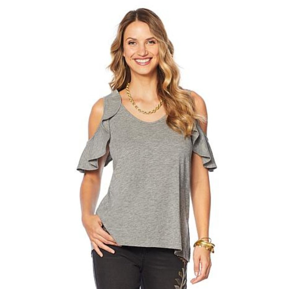 DG2 Diane Gilman Slub Cold Shoulder Ruffle Top